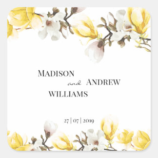 水彩黄色と白マグノリアの花 スクエアシール