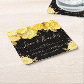 水彩黄色と金ゴールドグラムフラワー結婚ズ スクエアペーパーコースター (アングル)