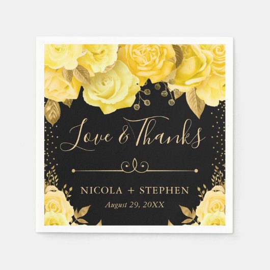 水彩黄色と金ゴールドグラムフラワー結婚ズ スタンダードカクテルナプキン (正面)