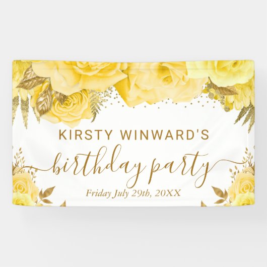水彩黄色と金ゴールドバラ誕生日 横断幕 (横)