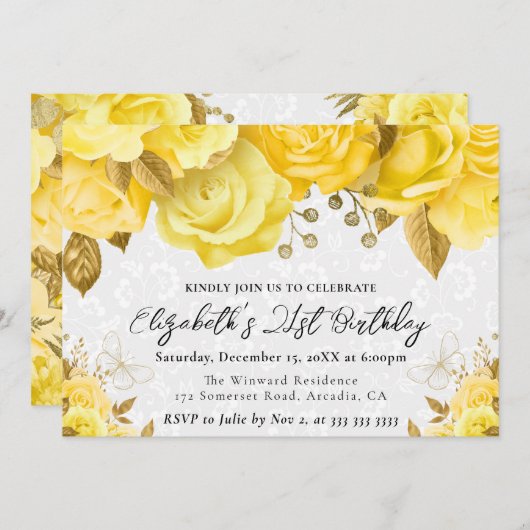 水彩黄色と金ゴールド花21歳の誕生日 招待状 (正面/裏面)