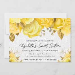 水彩黄色と金ゴールド花Sweet sixteen 招待状