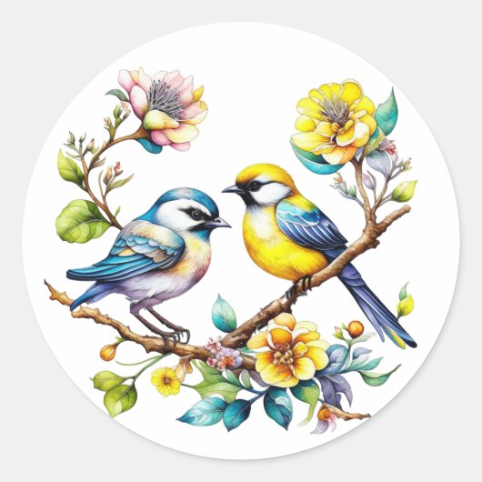 水彩黄色と青の鳥と花 ラウンドシール (正面)