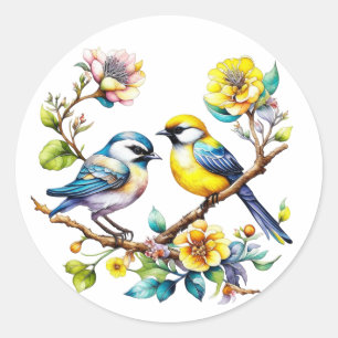 水彩黄色と青の鳥と花 ラウンドシール
