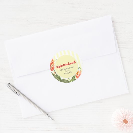 水彩黄色のオウムのチューリップフローラアートストライプ ラウンドシール (封筒)