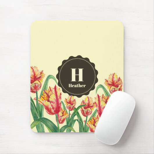 水彩黄色のオウムのチューリップフローラモノグラム マウスパッド (マウス)
