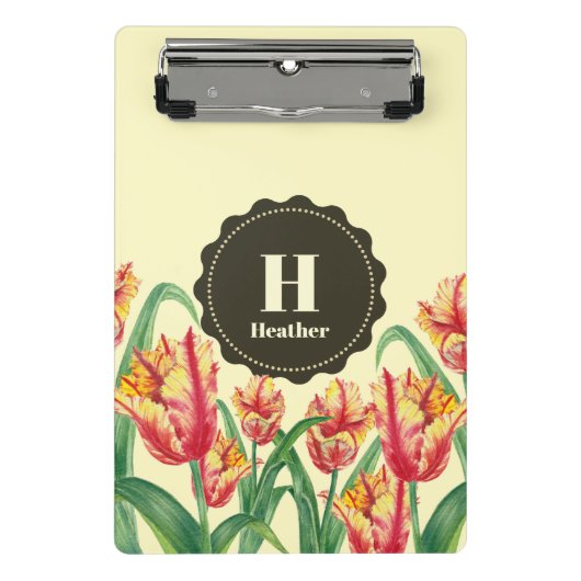 水彩黄色のオウムのチューリップフローラモノグラム ミニクリップボード (正面)