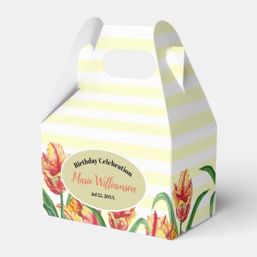 水彩黄色のオウムのチューリップベージュホワイトストライプ フェイバーボックス (裏面サイド)