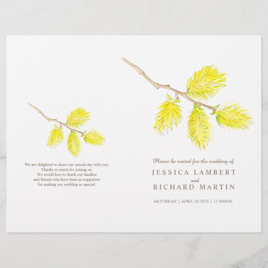 水彩黄色のヤナギのカチキンの結婚式プログラム (正面)