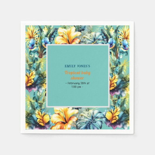 水彩黄色の熱帯緑の赤ちゃんシャワー スタンダードカクテルナプキン (正面)