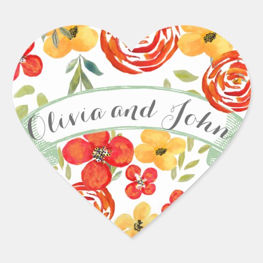 水彩黄色コーラルグリーンフローラ結婚ズシール ハートシール (正面)