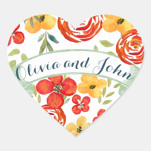 水彩黄色コーラルグリーンフローラ結婚ズシール ハートシール (正面)