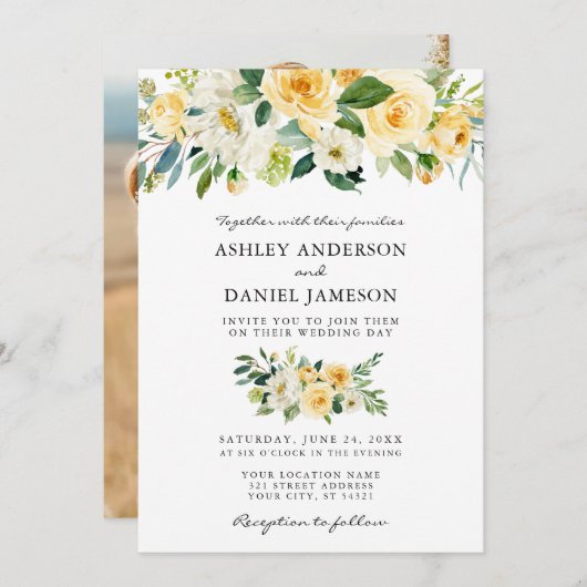 水彩黄色フローラ結婚写真 招待状 (正面/裏面)