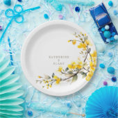 水彩黄色フローラ金ゴールド文字名結婚ズ ペーパープレート (パーティー)