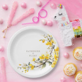 水彩黄色フローラ金ゴールド文字名結婚ズ ペーパープレート (パーティー)