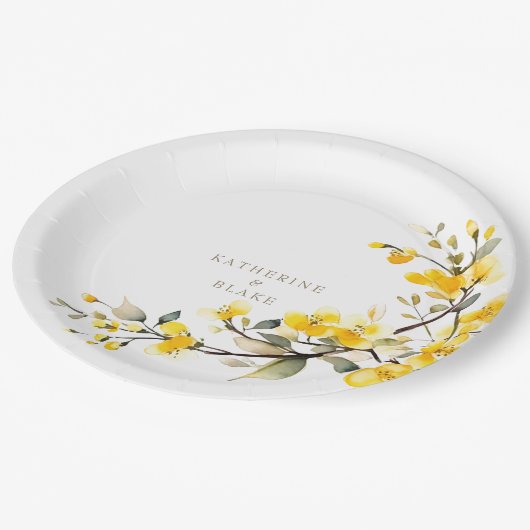 水彩黄色フローラ金ゴールド文字名結婚ズ ペーパープレート (アングル)