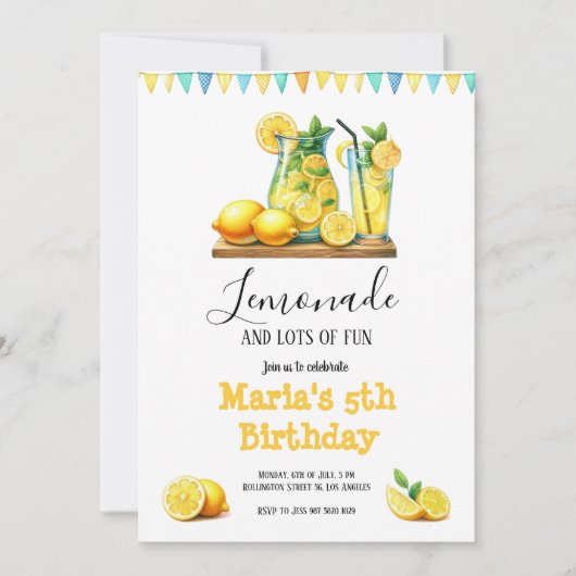 水彩黄色レモネードレモン誕生日パーティー 招待状 (正面)