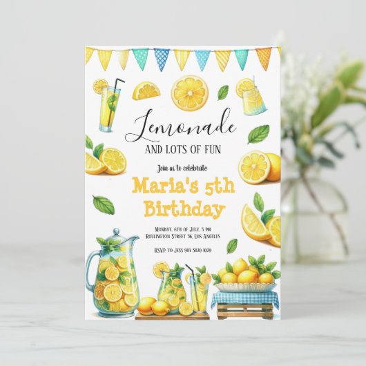 水彩黄色レモネード誕生日パーティインビタティ 招待状 (スタンド正面)