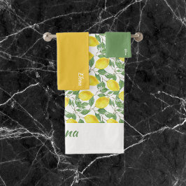 水彩黄色レモンパターングリーンリーフ名 バスタオルセット