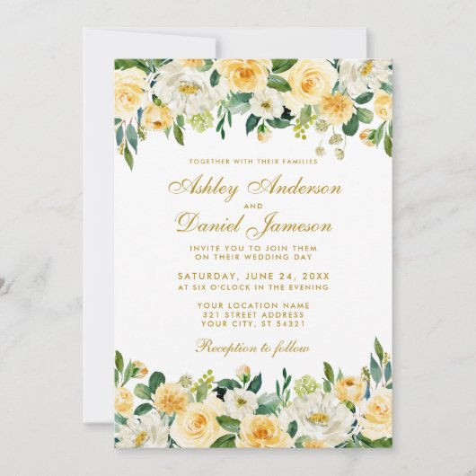 水彩黄色金ゴールドホワイトエレガントな結婚式 招待状 (正面)