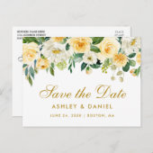 水彩黄色金ゴールド白フローラ保存日 案内ポストカード (正面/裏面)