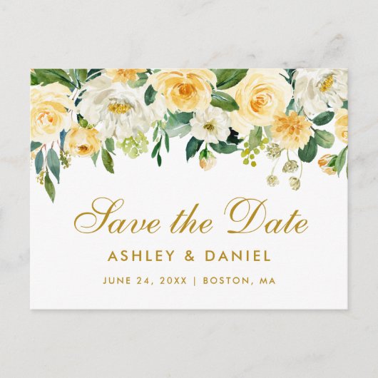 水彩黄色金ゴールド白フローラ保存日 案内ポストカード (正面)