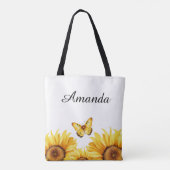 水彩黄色金ゴールド蝶の名前ひまわり トートバッグ (裏面)