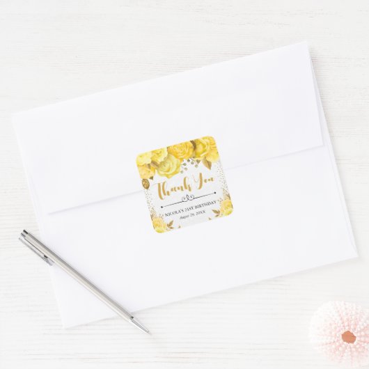 水彩黄釉バラ誕生日 スクエアシール (封筒)