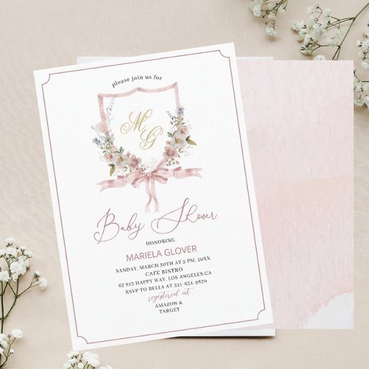 水彩黄金のピンクの花のcrestsベビーショウ 招待状