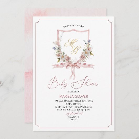 水彩黄金のピンクの花のcrestsベビーショウ 招待状 (正面/裏面)