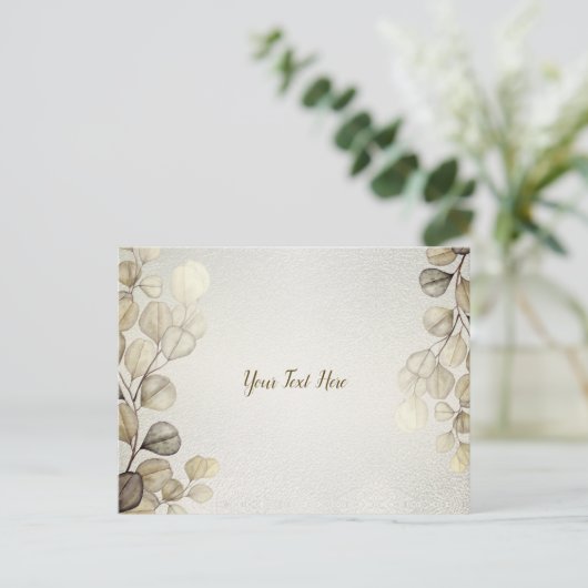 水彩黄金のユーカリの葉の光沢のあるエレガント色 ポストカード (スタンド正面)