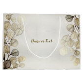 水彩黄金のユーカリの葉の光沢のあるエレガント色 ラージペーパーバッグ (裏面)