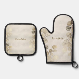 水彩黄金のユーカリの葉の光沢のあるエレガント色 鍋つかみ&鍋敷きセット