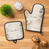 水彩黄金のユーカリの葉の光沢のあるエレガント色 鍋つかみ&鍋敷きセット (トップダウン)