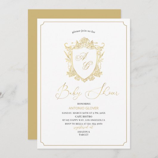 水彩黄金の紋章ベビーシャワー 招待状 (正面/裏面)