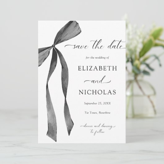 水彩黒いリボン弓ウェディング日付を保存 招待状 (スタンド正面)