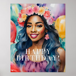 水彩黒人女性カラフルハッピーバースデー ポスター