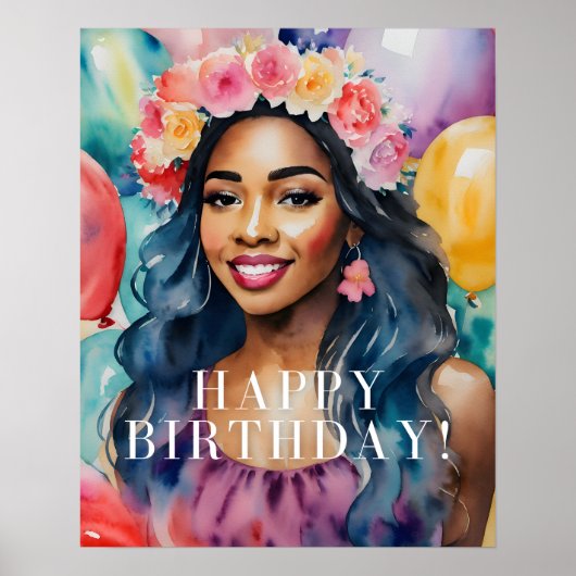 水彩黒人女性カラフルハッピーバースデー ポスター (正面)