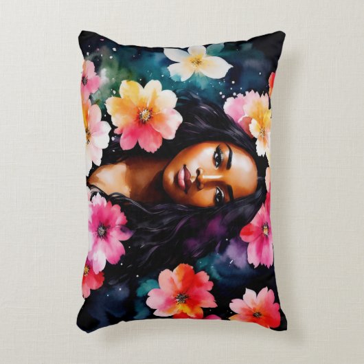 水彩黒女色数々のフローラアート アクセントクッション (正面(垂直))