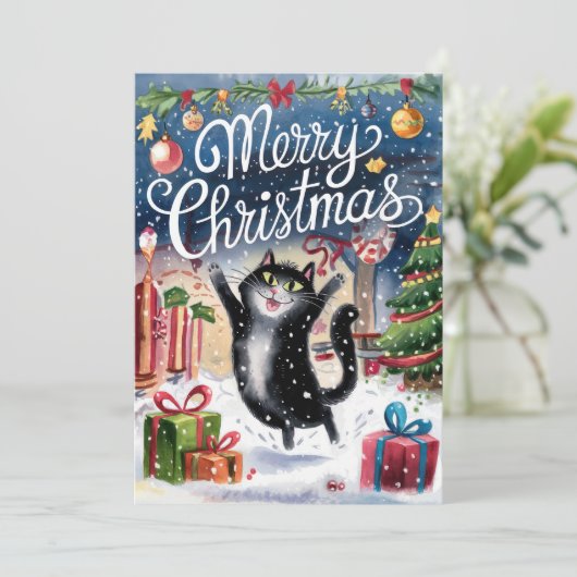水彩黒猫おもしろいメリークリスマスカード シーズンカード (スタンド正面)
