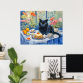 水彩黒猫お茶テーブル ポスター (ホームオフィス)