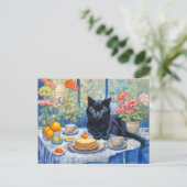 水彩黒猫お茶テーブル ポストカード (スタンド正面)