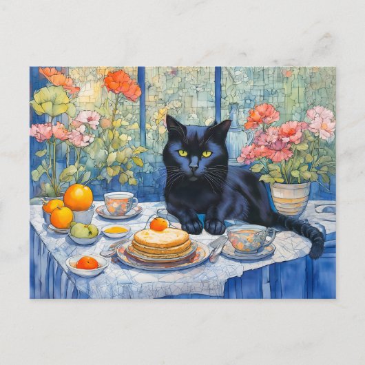 水彩黒猫お茶テーブル ポストカード (正面)