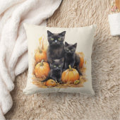 水彩黒猫と子猫カボチャ クッション (ブランケット)