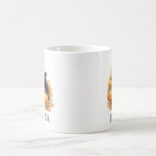 水彩黒猫と子猫カボチャ コーヒーマグカップ (中央)