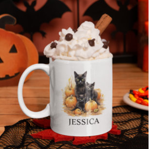 水彩黒猫と子猫カボチャ コーヒーマグカップ