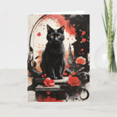 水彩黒猫の飛沫アート 花の空白カード カード (正面)