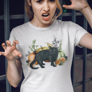 水彩黒猫カボチャのハロウィン Tシャツ