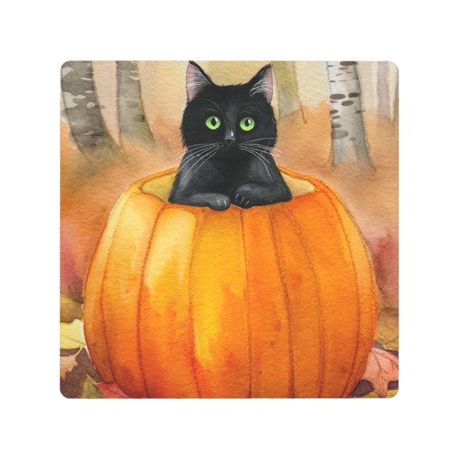 水彩黒猫カボチャ秋の森館 メタルプリント (正面)