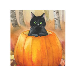水彩黒猫カボチャ秋の森館 メタルプリント